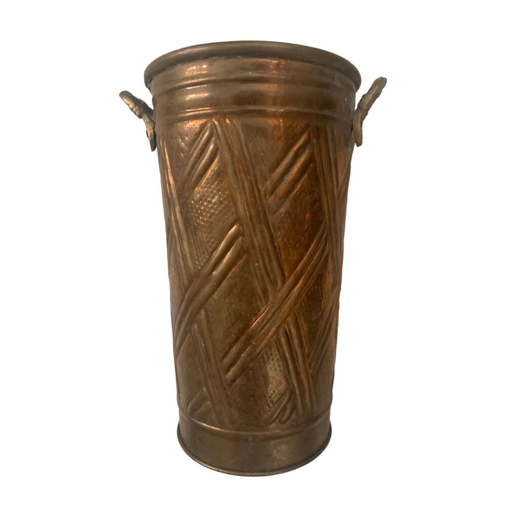Vintage Hosley Cylindrical Brass Vase Patterned Metalwork & Handles